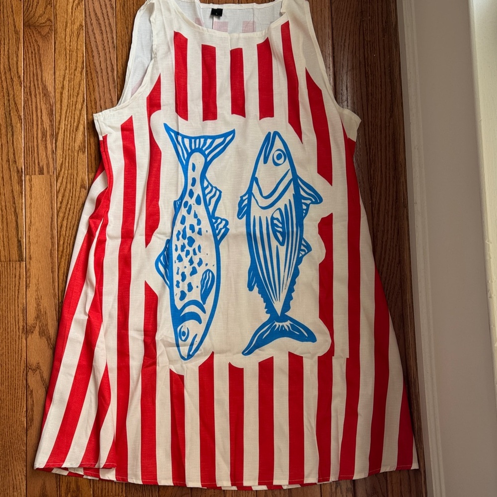 Amazon Red and White Striped Dress with Blue Fish Design